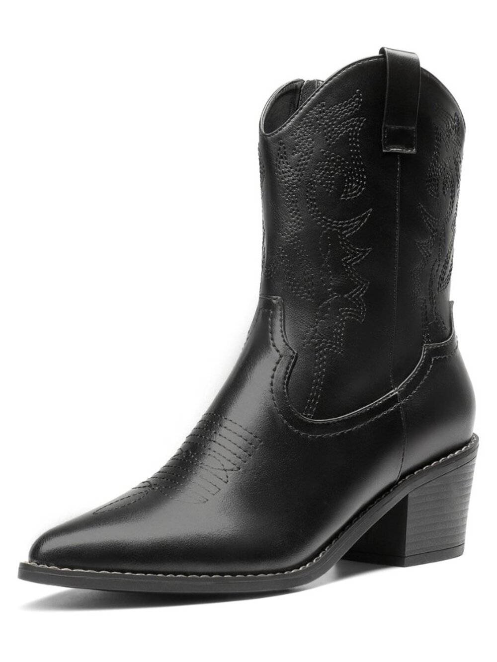 Women's Cowboy Boots, Pointed Toe Chunky Heel, Zipper Pull-On Stitched Western